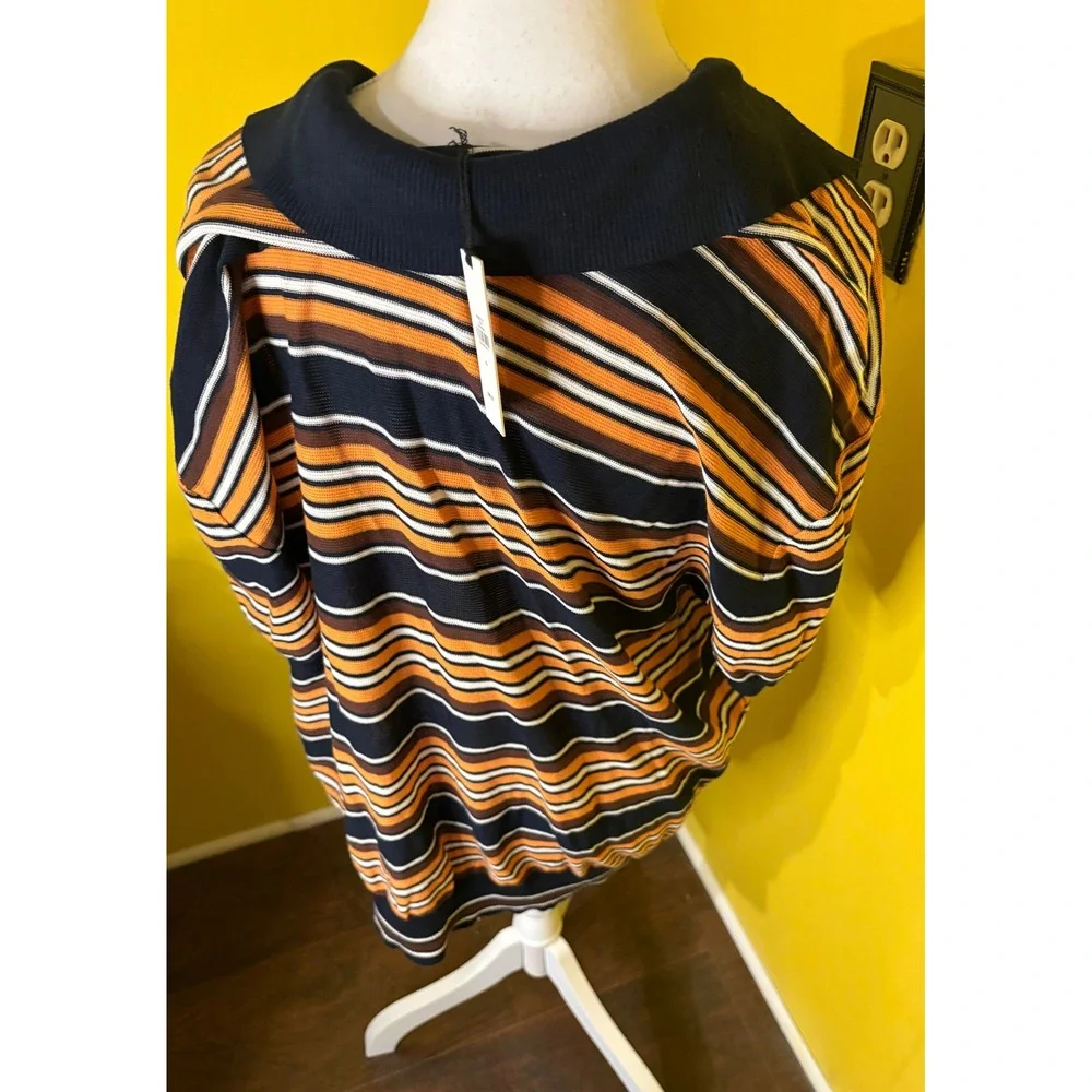 Banana Republic Cotton Sweater Polo Shirt XL Orange Navy Blue Striped Retro Knit
